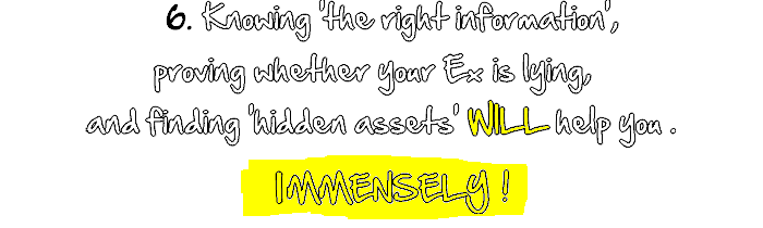  Knowing the right information, proving whether your Ex is lying, and finding 'hidden assets' WILL help you. IMMENSELY.